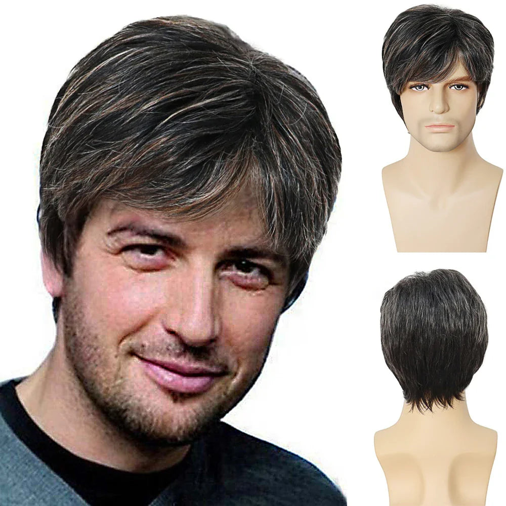 sengpan Men Wigs Short Hair Synthetic Dark Brown Color Natural Wigs with Bangs Fashion Short Haircuts Male Wig Cosplay Daily