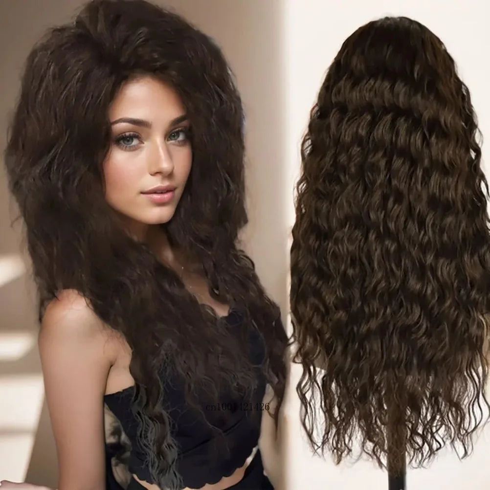 sengpan Synthetic Long Wave Cur Wigs Female Natural Brown Wig with Clip Free Part Side Bangs 80s Curly Wigs for Women Ombre Wig