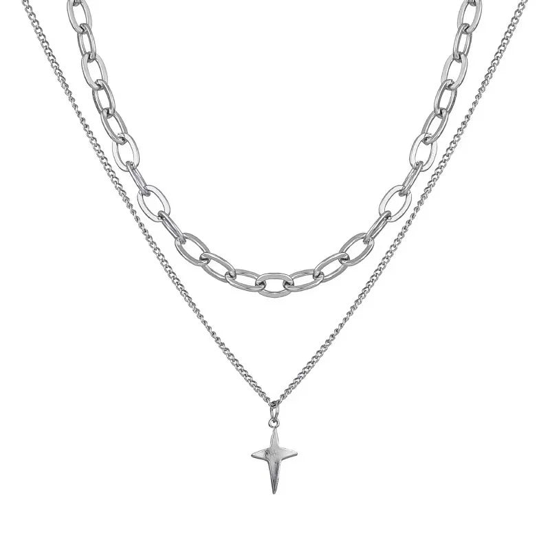 Lianfudai New Design Double Layer Link Chain Cross Star Necklace for Women Man Teens Trendy Punk Hip hop Stainless Steel Choker