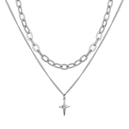 Lianfudai New Design Double Layer Link Chain Cross Star Necklace for Women Man Teens Trendy Punk Hip hop Stainless Steel Choker