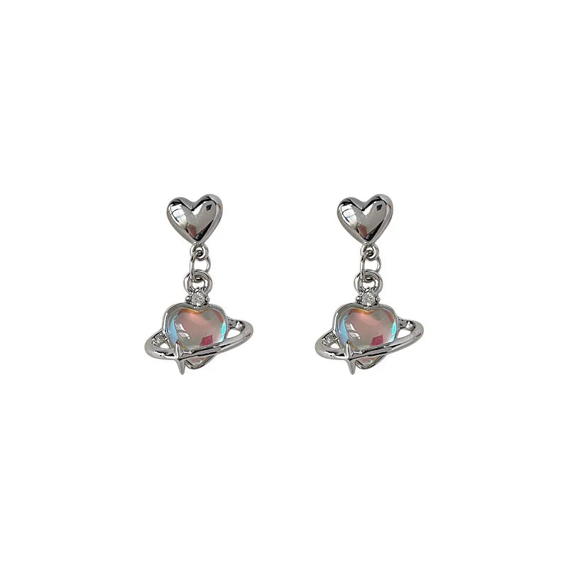 sengpan New Laser Opal Love Heart Crystal Planet Drop Earrings for Women Sweet Romantic Dangle Earrings Trend Y2K Jewelry