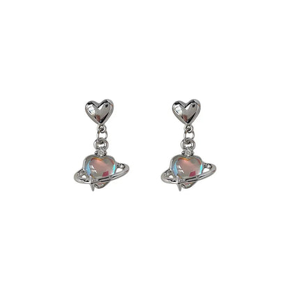 sengpan New Laser Opal Love Heart Crystal Planet Drop Earrings for Women Sweet Romantic Dangle Earrings Trend Y2K Jewelry