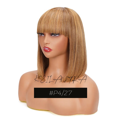 sengpan Straight Human Hair Bob Wigs with Bangs Remy Full Machine Made for Women Hightlight Burgundy Brown Colored BOB Wig