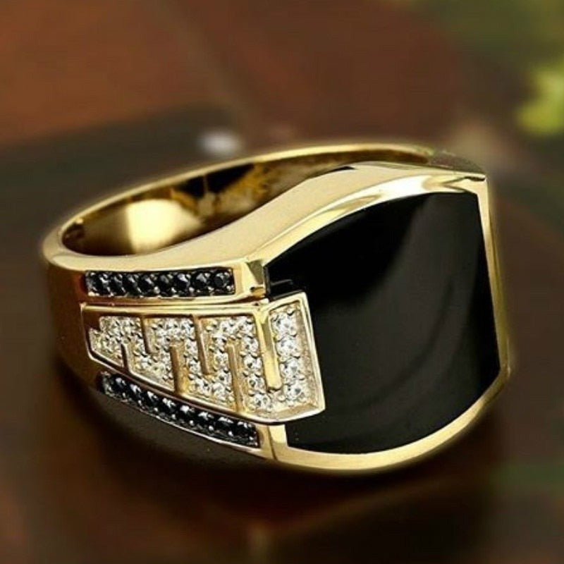 sengpan Classic Men's Ring Fashion Metal Gold Color Inlaid Black Stone Zircon Punk Rings for Men Engagement Wedding Luxury  Jewelry