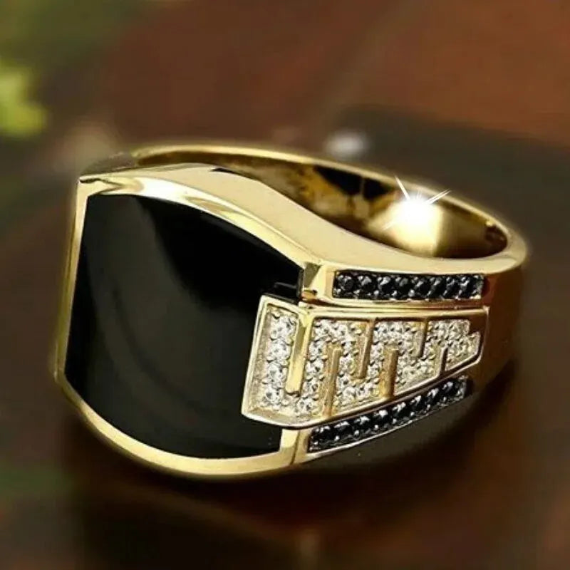 sengpan Classic Men's Ring Fashion Metal Gold Color Inlaid Black Stone Zircon Punk Rings for Men Engagement Wedding Luxury Jewelry