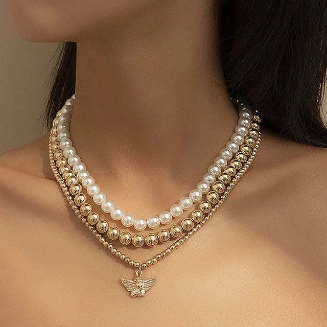 sengpan Multi-Layer White Imitation Pearl Necklace Bead  Chain Punk Ladies Wedding Short Clavicle Necklac Girl Charm Banquet Jewelry