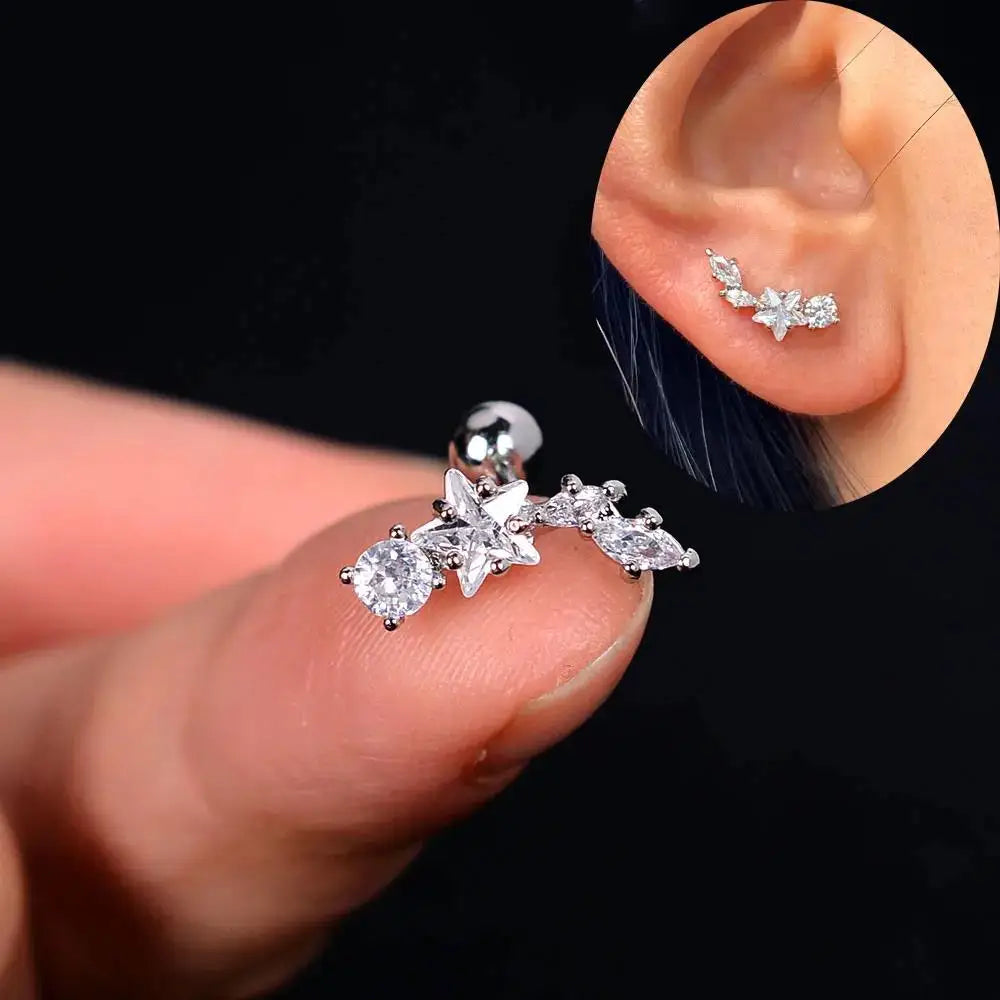 sengpan 1PC  Flower Leaf Tragus Helix Piercing Studs Earrings Women Mini Crystal CZ Stainless Steel Earings Girls Ear Bone Fine Jewelry