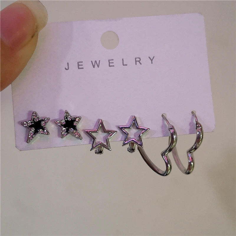 sengpan 6pcs/Set Y2k Love Star Stud Earrings For Women Girl Vintage Irregular Zircon Bowknot Shiny Earrings Set Punk Trendy Jewelry Gift