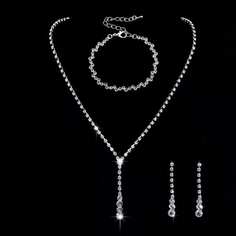 sengpan Silver Color Simple Crystal Bridal Jewelry Sets Long Drop Necklace Earrings Bracelet Set for Women Wedding Jewelry Sets