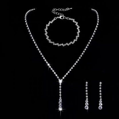 sengpan Silver Color Simple Crystal Bridal Jewelry Sets Long Drop Necklace Earrings Bracelet Set for Women Wedding Jewelry Sets