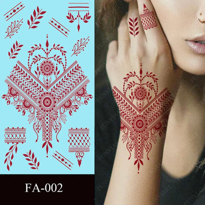 sengpan Maroon Henna Stickers for Hands Waterproof Temporary Henna Tattoos for Women Fake Tattoo Brown Henna Decorations Wedding