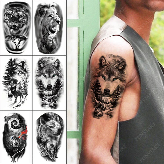 sengpan Small Arm Waterproof Temporary Tattoos for Men Tiger Wolf Animal Tattoo Stickers Body Art Skeleton Fake Tattoo for Women