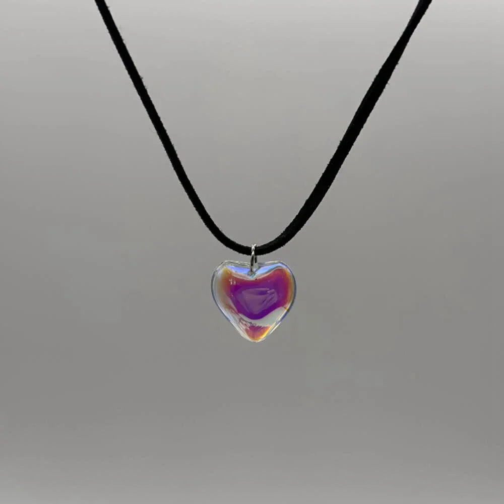 sengpan Solid Color Glass Heart Pendant Necklace Punk Grunge Style Velvet Choker for Girls