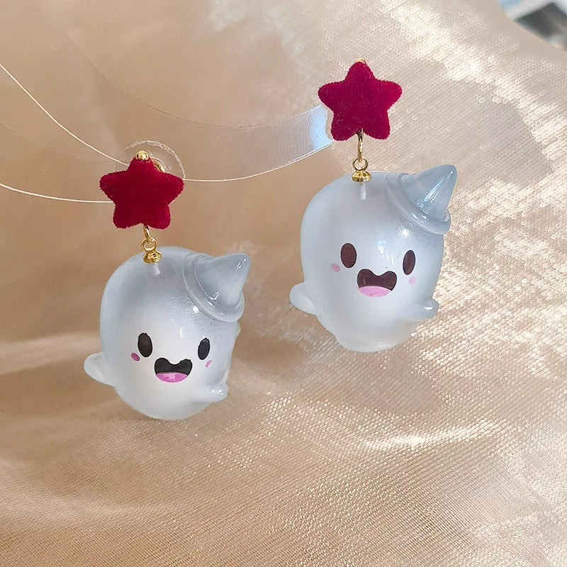 sengpan Fancy Resin Halloween Ghost Drop Earrings For Women Red Bowknot Flannel Ghost Dangle Earring Christmas Festival Party Jewelry