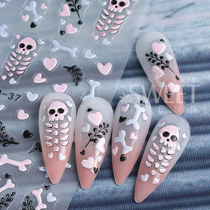 sengpan Cartoon Skull Halloween Nail Art Stickers Pink Bones Ghost Cat Moon Tree Owl Stripes Lines Winter Christmas Manicure Decoration