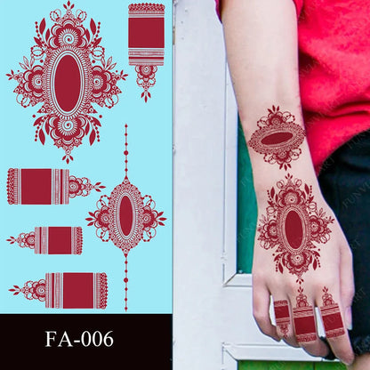 sengpan Maroon Henna Tattoo Sticker Waterproof Temporary Tattoos for Hand Arm Fake Tattoo for Women Wedding Festival Mehndi Stickers