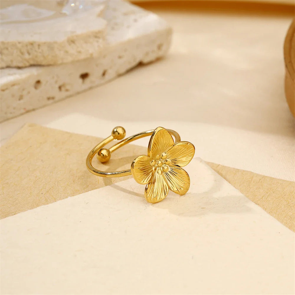 sengpan Adjustable Inoxidable Stainless Steel Flower Ring 18K Gold Plated For Women Men Jewelry Wedding Gift