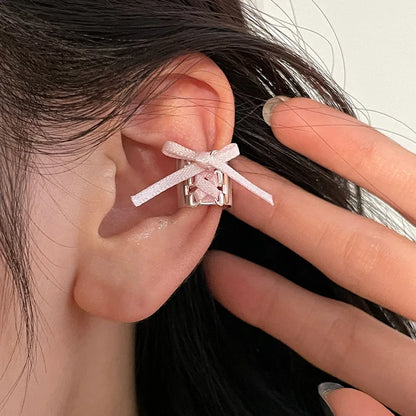 sengpan Y2K Style Ribbon Pink Bow Ties Clip Earrings for Women Girls Sweet Cool Korean Charm Girls Ear Bone Clip Fashion Jewelry Gifts