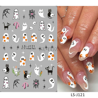 sengpan 5D Embossed Ghost Nail Art Stickers Halloween Cartoon Pumpkin Skull Nail Decals Spider Web Daisy Sliders For Manicure NTJI-5D131