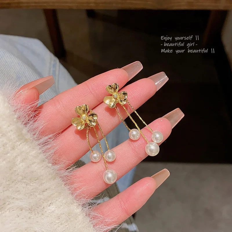 sengpan New Trendy Golden Flower Pearl Long Tassel Earrings For Women Exquisite Alloy Needle Sweet Elegant Party Wedding Jewelry Gifts