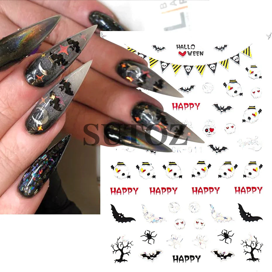 sengpan Embossed 3D Witches Nails Stickers Gold Black Witche Broom Boots Relief Design DIY Halloween Dark Style Manicure Decal CK-007