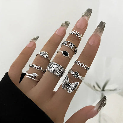 sengpan 21pcs/set Punk Gothic Butterfly Snake Heart Rings Set For Women Men Vintage Silver Plated Geometric Finger Rings Party Jewelry