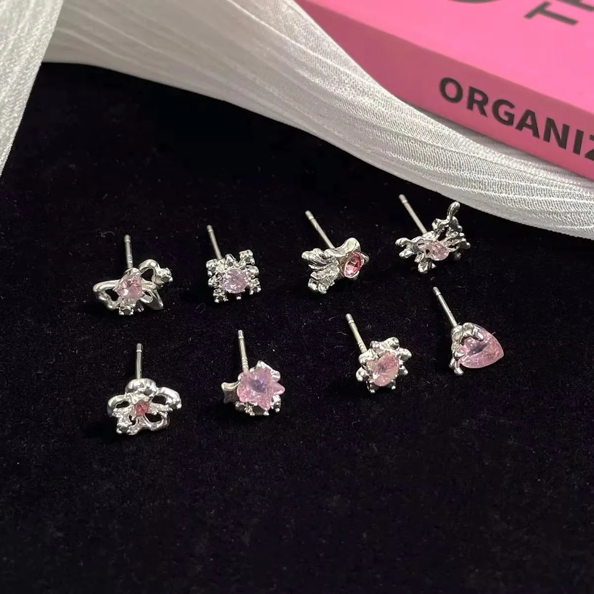 sengpan 6Pcs/Set Heart Flower Butterfly Chain Pendant Earrings Women's Korean Fashion Y2K Pink Crystal Love Earrings Piercing for Ears