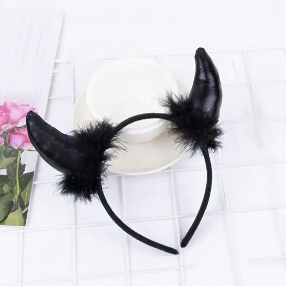 sengpan Elastic Design Headband Plush Devil Horn Headband for Cosplay Parties Halloween Handmade Lightweight Elastic Hair Hoop Accessory