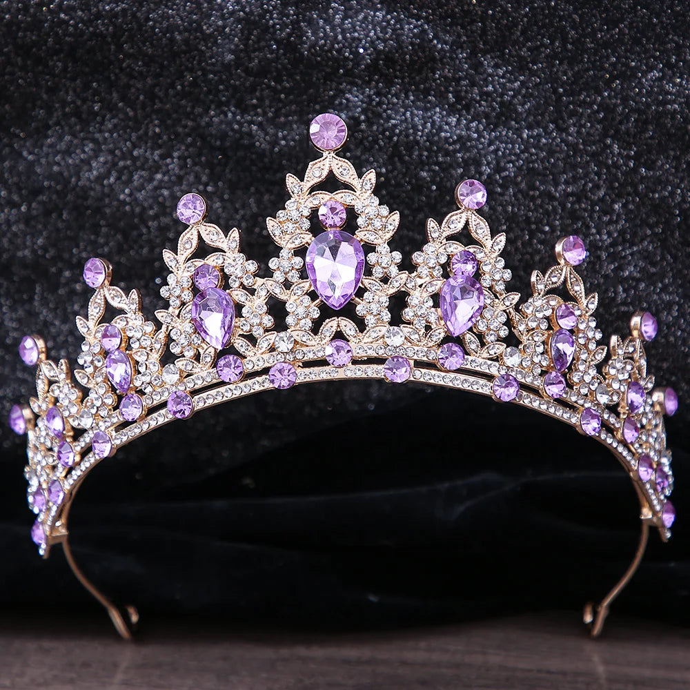 Lianfudai Luxury Elegant AB Crystal Crown Hair Accessories Tiara For Women Party Red Purple Rhinestone Bridal Crown New Hair Jewelry