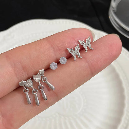 sengpan Y2K 6Pcs/set Silver Color Rhinestone Butterfly Stud Earrings for Women Fashion Punk Heart Earring Sets Jewelry Gifts