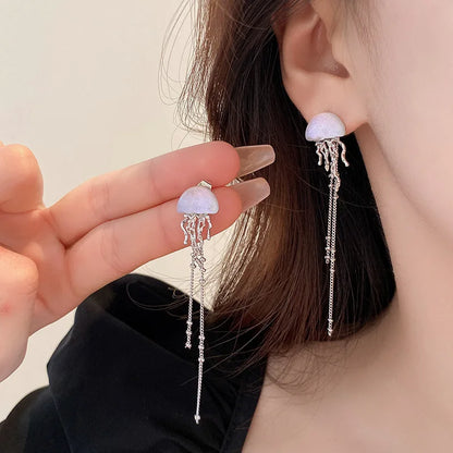 sengpan New Lovely Deep-Sea Jellyfish Elves Long Tassel Drop Earrings Mini Star Transparent Crystal Chain Earrings Women Jewelry Gifts