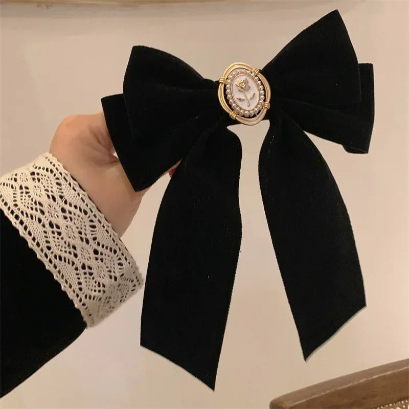 sengpan New Black Velvet Bow Hair Pins Elegant Fabric Alloy Roses Hair Clips for Women Fashion Ponytail Barrette Headwear Accessories