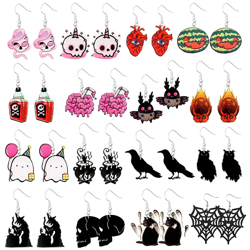 sengpan Halloween Earrings Cute Cartoon Cat Crow UFO Bat Design Dangle Earrings Acrylic Jewelry Versatile Accessories