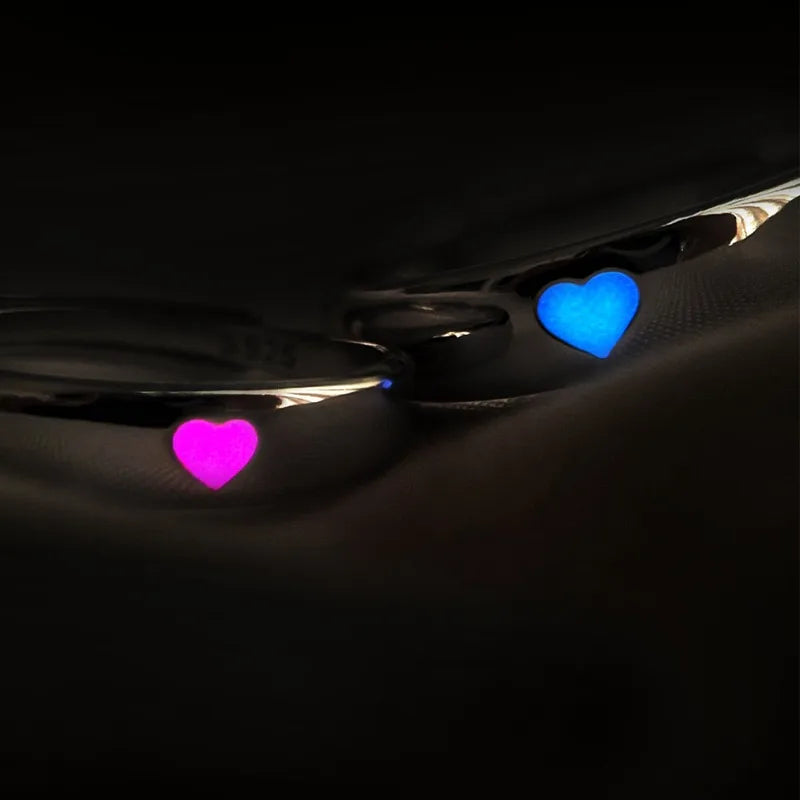 sengpan Luminous Love Heart Finger Ring Glow In Dark Fashion Adjustable Couples Rings Silver Color Pink Blue Light Jewelry Lover Gift