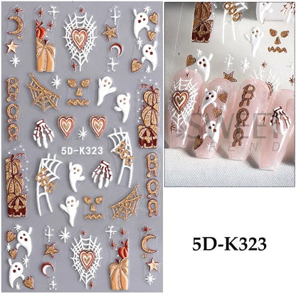 sengpan 5D Halloween Ghost Pumpkin Embossed Nail Stickers Decals Spider Web Clown Bone Nail Art Gel Sliders Design Manicure Decorations