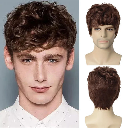 sengpan Synthetic Curly Men Wig Short Brown Hair Businessmen Curly Haircut Man Guys Natural Hairstyle The Summer Outfits Cosplay Costume