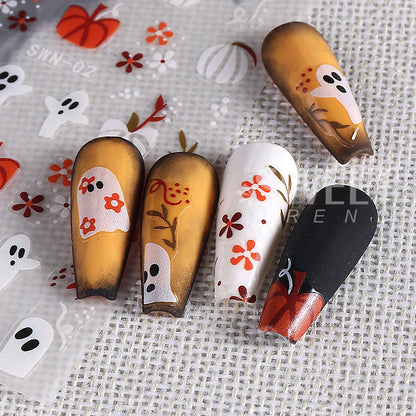 sengpan 3D Halloween Nail Stickers Cartoon Mummy Bandages Ghost Eyes Pumpkin Spider Web Blood Drops DIY Winter Matte Nail Art Decoration