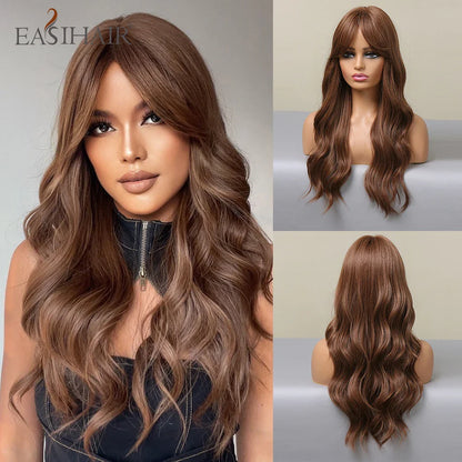 sengpan Orange Blonde Ombre Long Wavy Synthetic Wigs with Bangs Party Cosplay Wig for Women Natural Fake Hair Heat Resistant