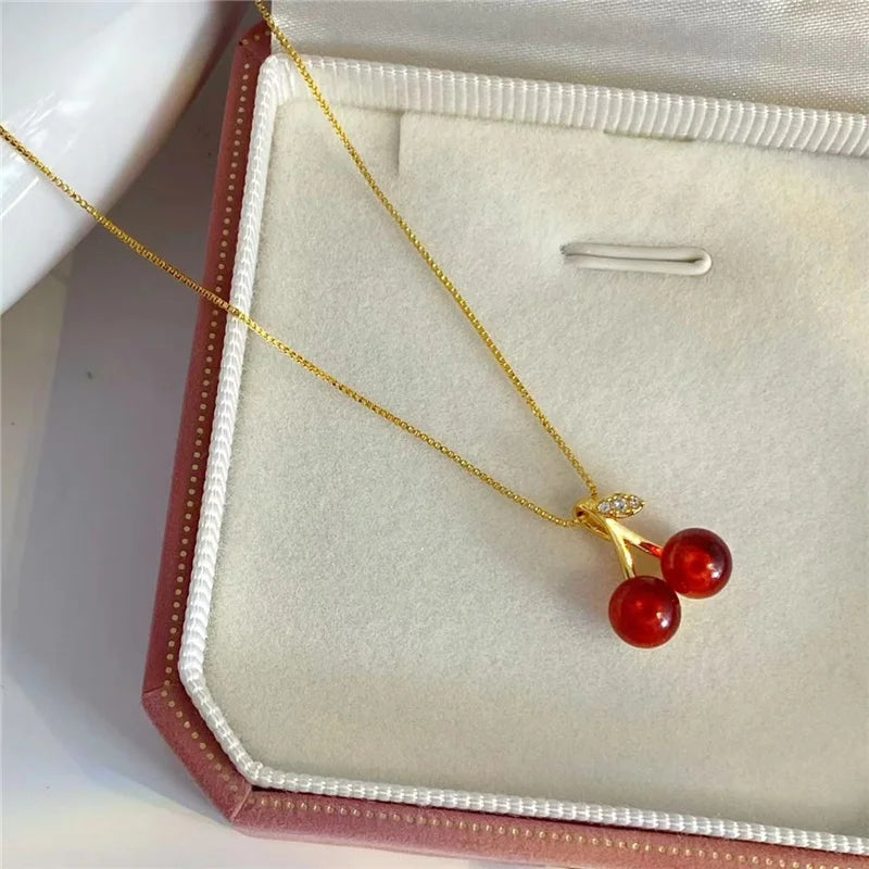 sengpan Wine Red Cherry Gold Colour Pendant Necklace Earrings set For Women Personality Fashion Necklace Wedding Jewelry Birthday Gifts