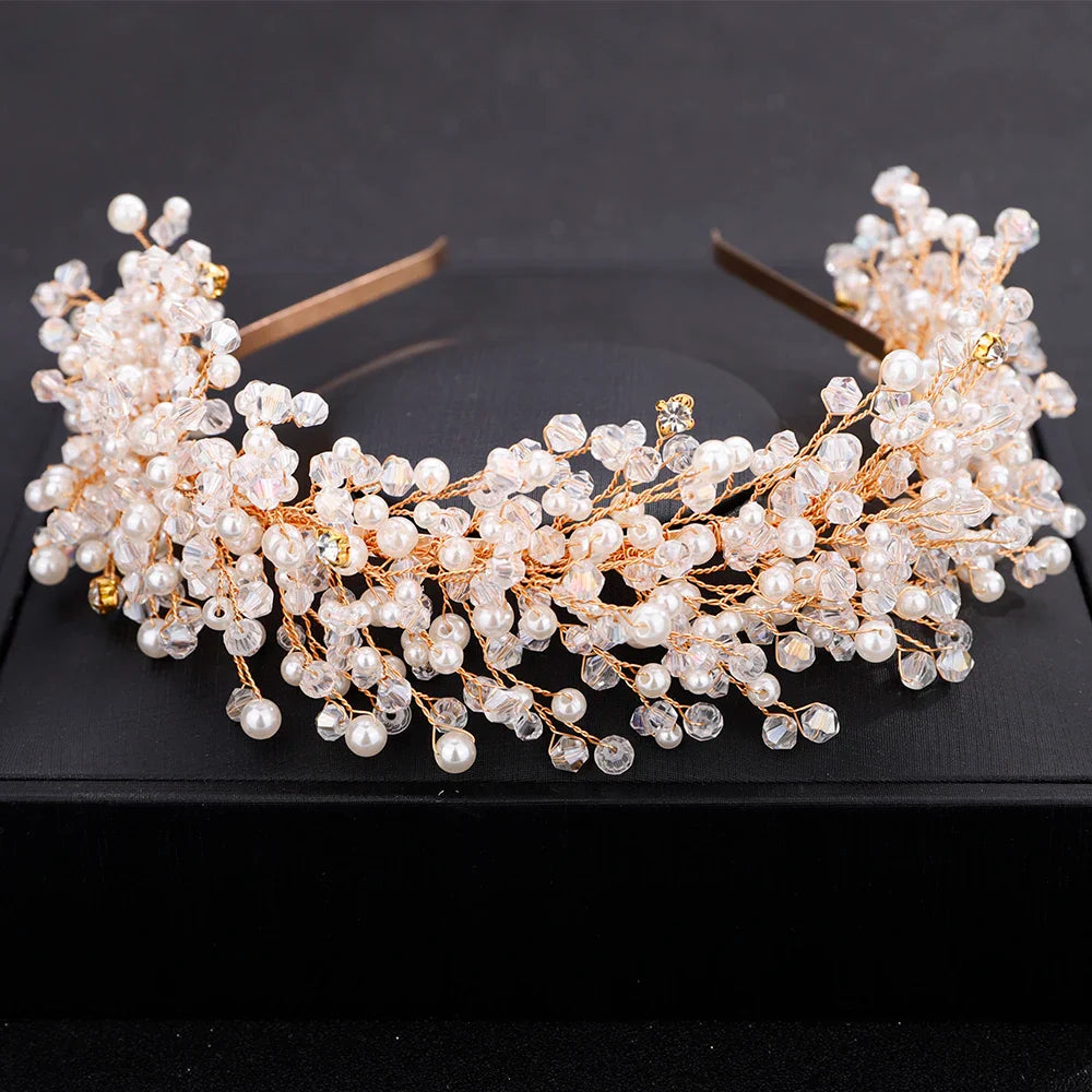 sengpan Luxury Pearl Crystal Bridal Crown Headpieces Handmade Party Wedding Hair Accessories Vintage Rhinestone Women Headband Tiaras