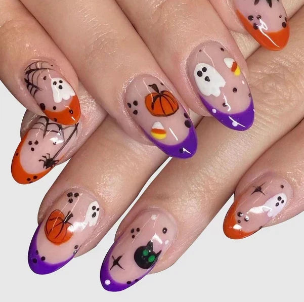 sengpan 24Pcs/set Black Halloween Press on Nails Pumpkin Ghost Cat Design Short Square Fake Nails Full Cover Acrylic Nail Tips for Women