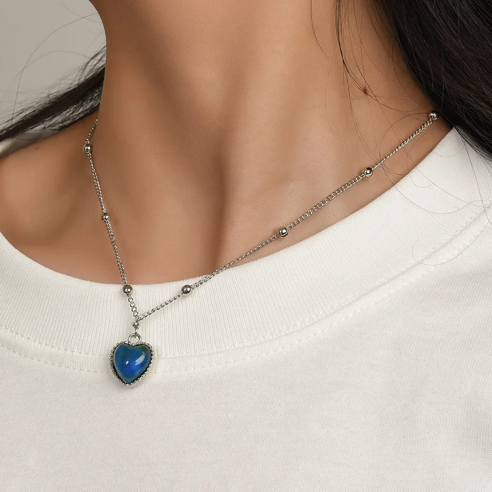 sengpan Thermochromic Mood Monitor Heart Pendant Necklace Color Change As Emperature Women Girls Clavicle Chain Necklaces Lover Jewelry