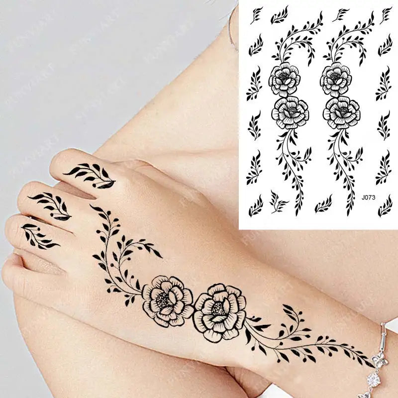 sengpan Black Henna Tattoo Sticker Waterproof Temporary Tattoos for Women Body Art Mehndi Stickers for Hand Flower Fake Tattoo