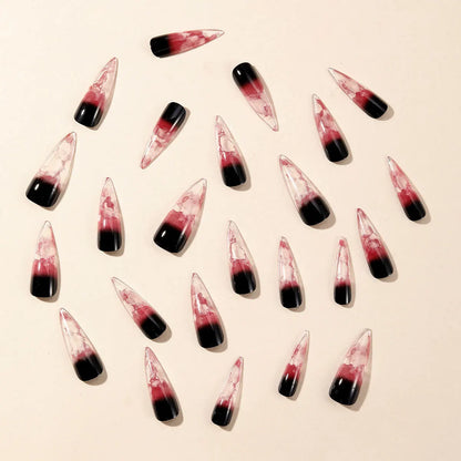 sengpan 24pcs Halloween Black Red Gradient Almond Fake Nails Press On Nails Full Cover Blood Lines False Nails Decor Stiletto Nail Tips