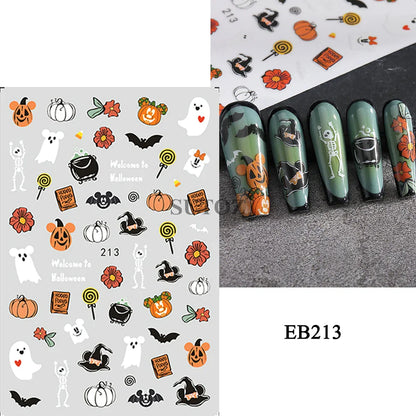 sengpan 5D Ghost Halloween Nail Art Stickers Cartoon Pumpkins Skulls Flowers Nail Decals Y2K Halloween Self-Adhesive Manicure Deco JI-5D