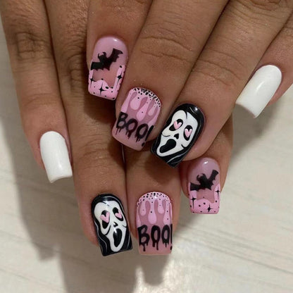 sengpan current nail trends 2023  24Pcs Almond False Nails Halloween Press on Fake Nails with Skull Head Spider Web Ghost Design Ballet Full Cover Nail Tips