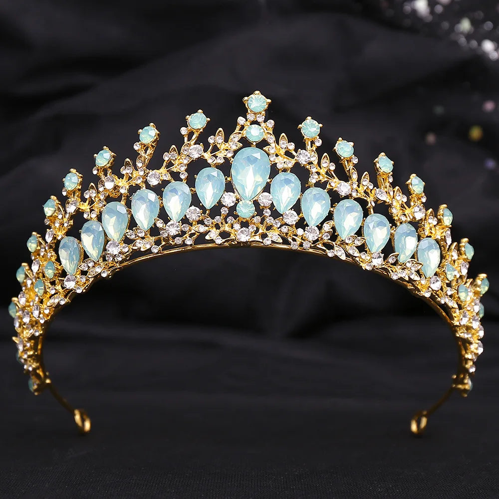 sengpan Luxury Green Opal Crystal Flower Water Drop Tiara Crown Women Wedding Party Elegant Bridal Bride Crown Hair Accessories