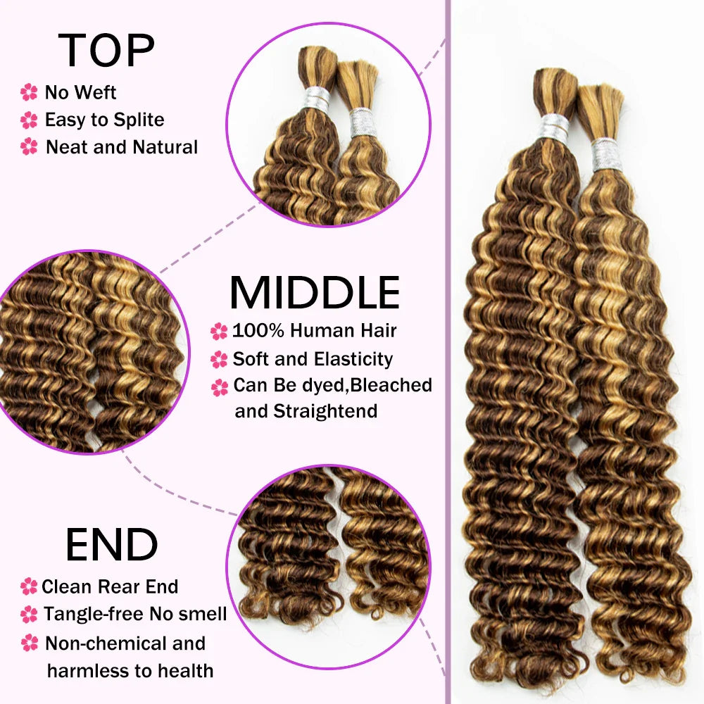 sengpan 28Inch Deep Wave 100% Virgin Human Hair Bulk for Boho Braided Extensions No Weft Human Hair Bundles for Braiding