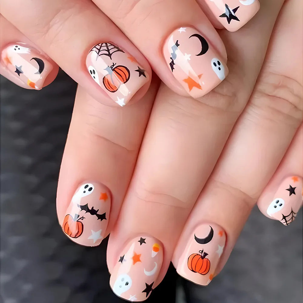 sengpan 24pcs Short Halloween Fake Nails Cute Pumpkin Cat Ghost False Nail Patch Full Cover Wearable Fake Nail Tips 2024 Halloween Gifts