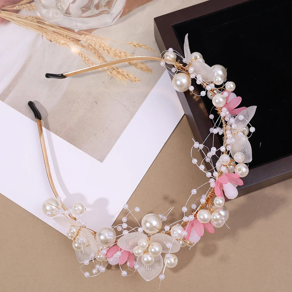 sengpan Pearl Butterfly Floral Headband Hair Hoop Sweet Cute Girl Headwear Accessories Simulated Flowers Wedding Bride Hairside Katyusha